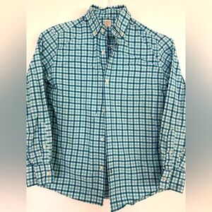 Boys Crewcuts size 12 Teal, Blue, and White Plaid Button Down Shirt EUC